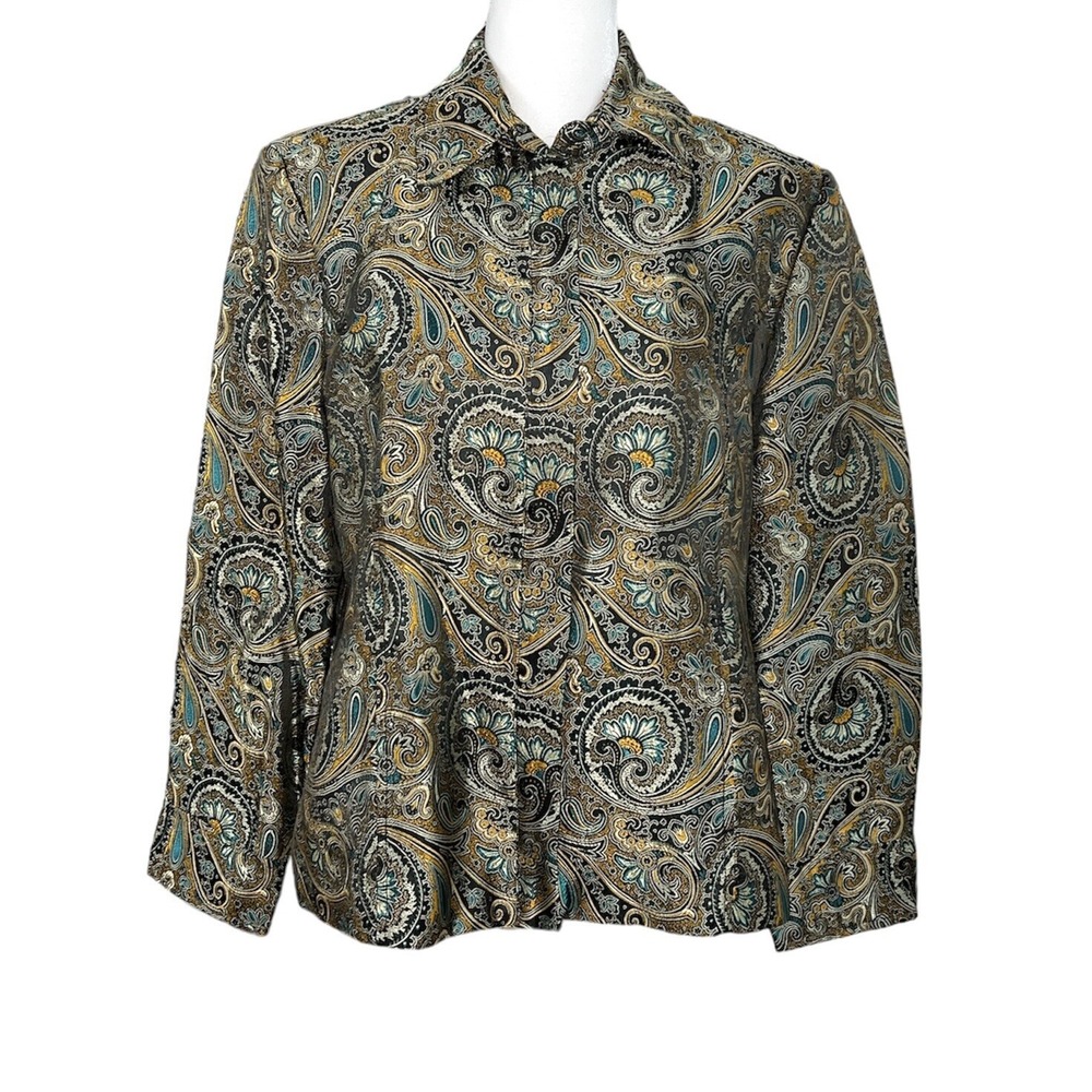 Brownstone Studio Paisley Brocade Jacket Women PM Gold Teal Zip Front Petite